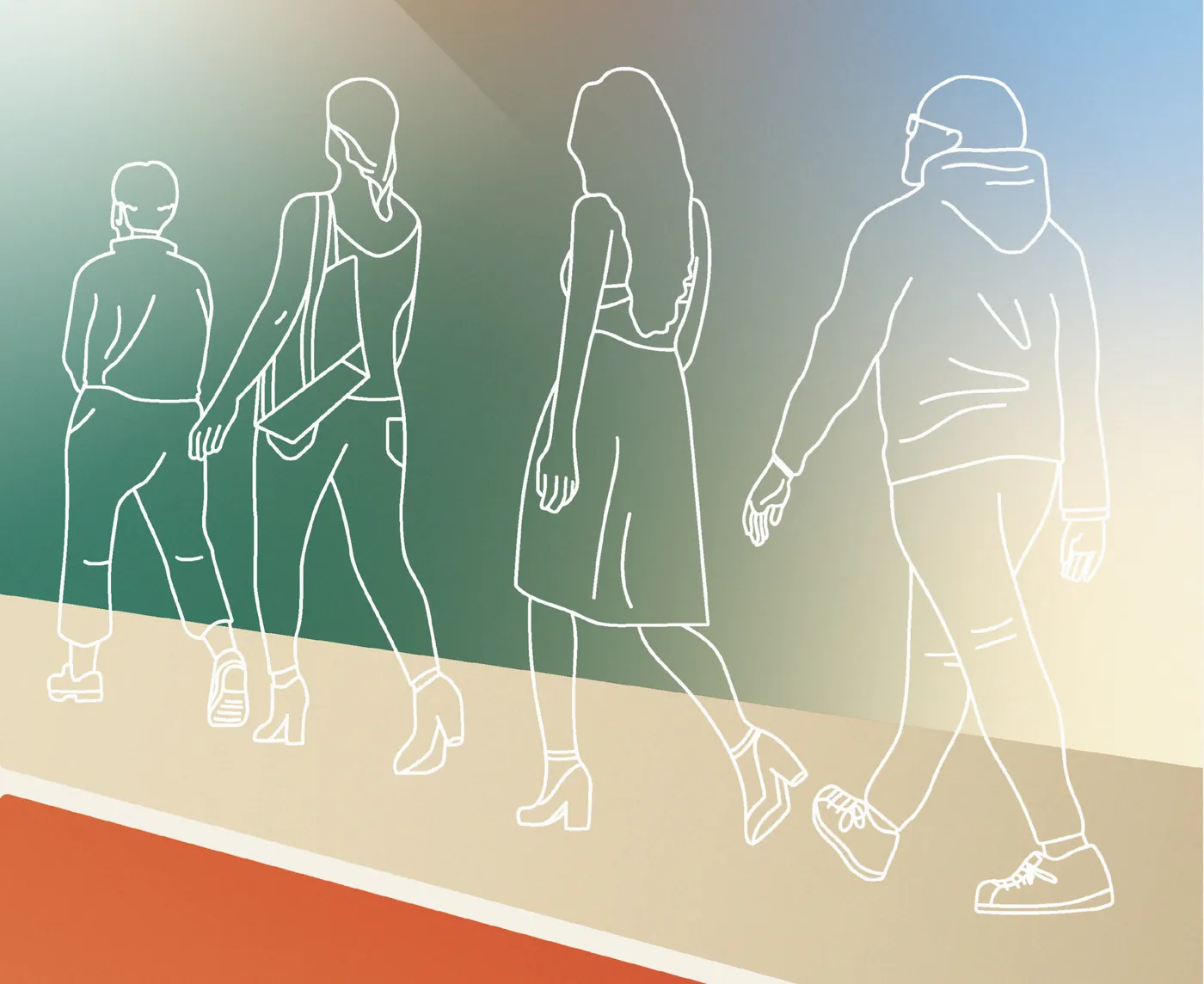 Illustration de l'Ethical Fashion Show : quatre silhouettes dessinées au trait blanc qui marchent
