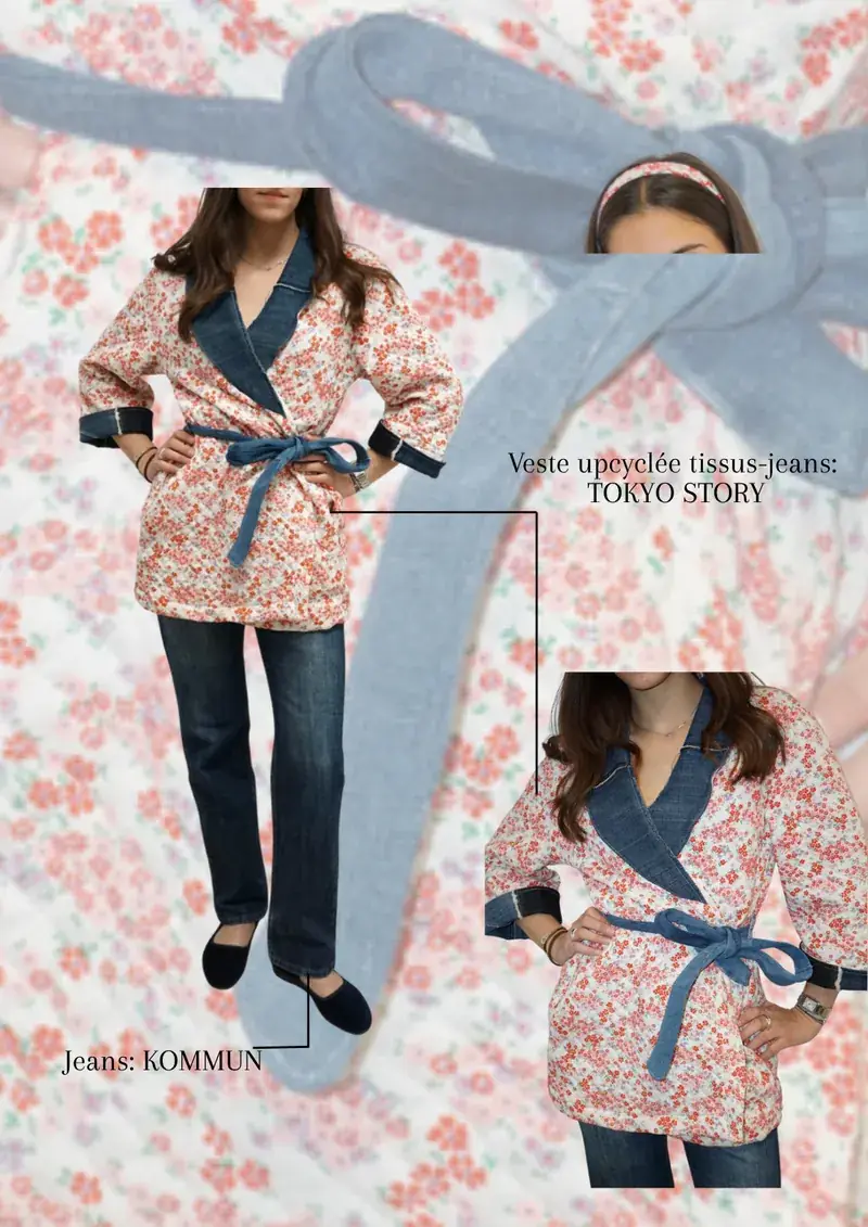 Une veste matelassée à petites fleurs rouges, avec col et ceinture en jean, portée sur un jean droit