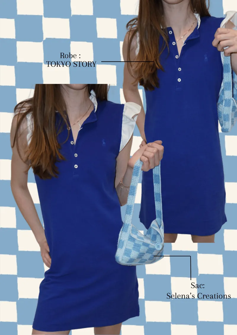 Une robe polo bleu roi et un sac au crochet à carreaux bleu clair