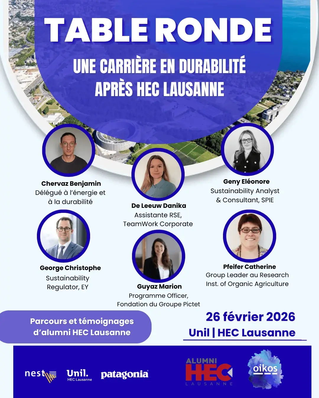 L'affiche de la table ronde « Une carrière en durabilité après HEC Lausanne » du 26 février 2026, avec les photos et les fonctions des six intervenant·e·s
