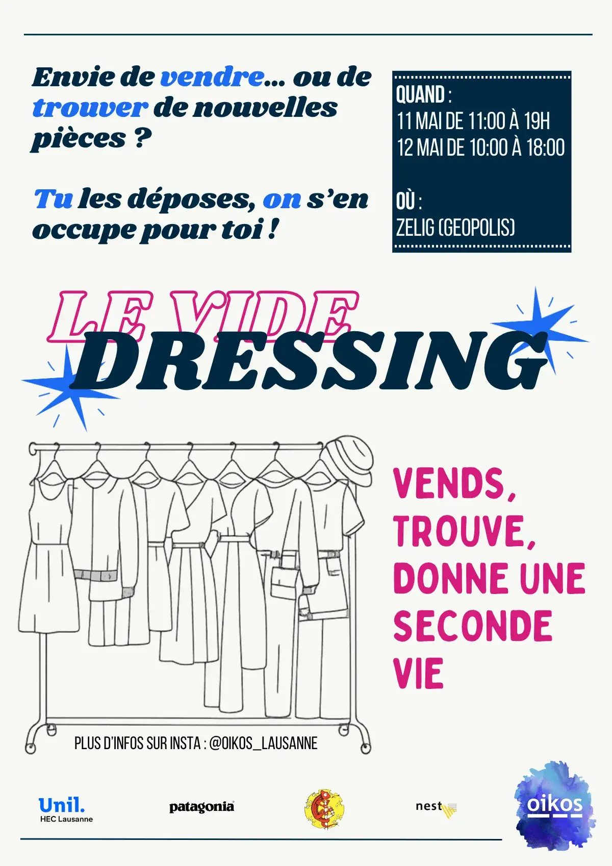 L'affiche du vide-dressing des 11 et 12 mai 2026 chez Zelig : un portant de vêtements dessiné et la phrase « Tu les déposes, on s'en occupe pour toi »